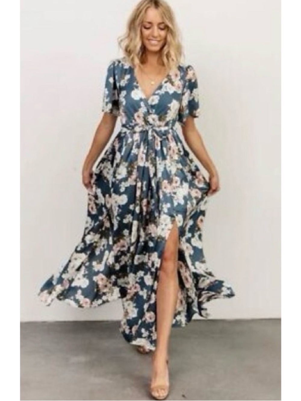 Baltic Born Sicily Floral Blue Belted Satin Maxi Dress Size L Flutter Sleeves